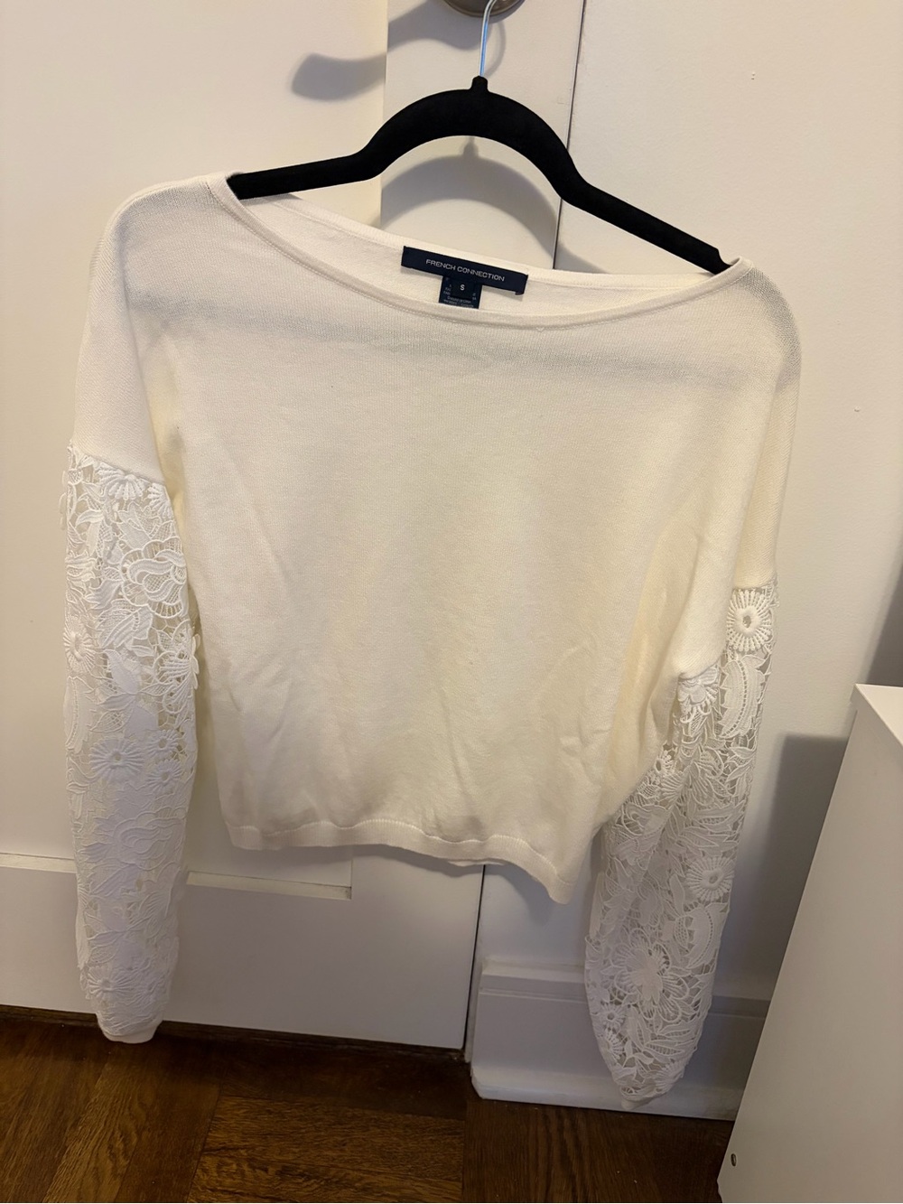 French Connection Cream Lace-Sleeve Boatneck Sweater